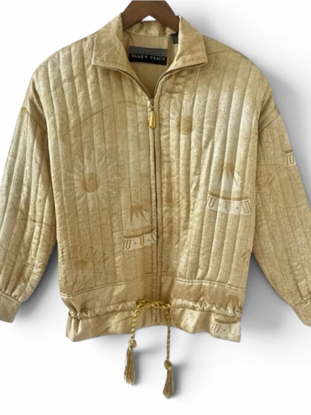 Ellen Tracy Linda Allard Gold Quilted Zip Front Silk Jacket with Tassels Size SP